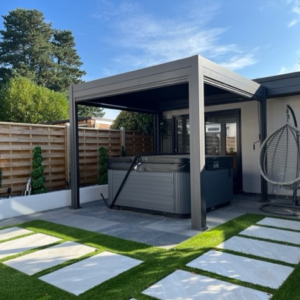 Modern Aluminum Metal Pergola – 11.8' Square Grey Structure for Hospitality Projects