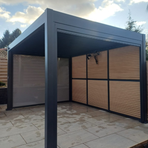 Modern Aluminum Metal Pergola – 13.1' x 9.8' Dark Grey Structure with Adjustable Louvred Roof for Commercial Projects